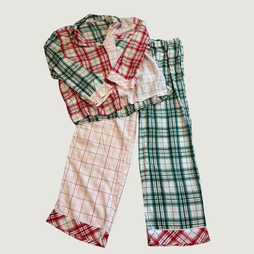 Victorias Secret Colorblock Plaid Pajama Set Red Green Pink Cotton Large L